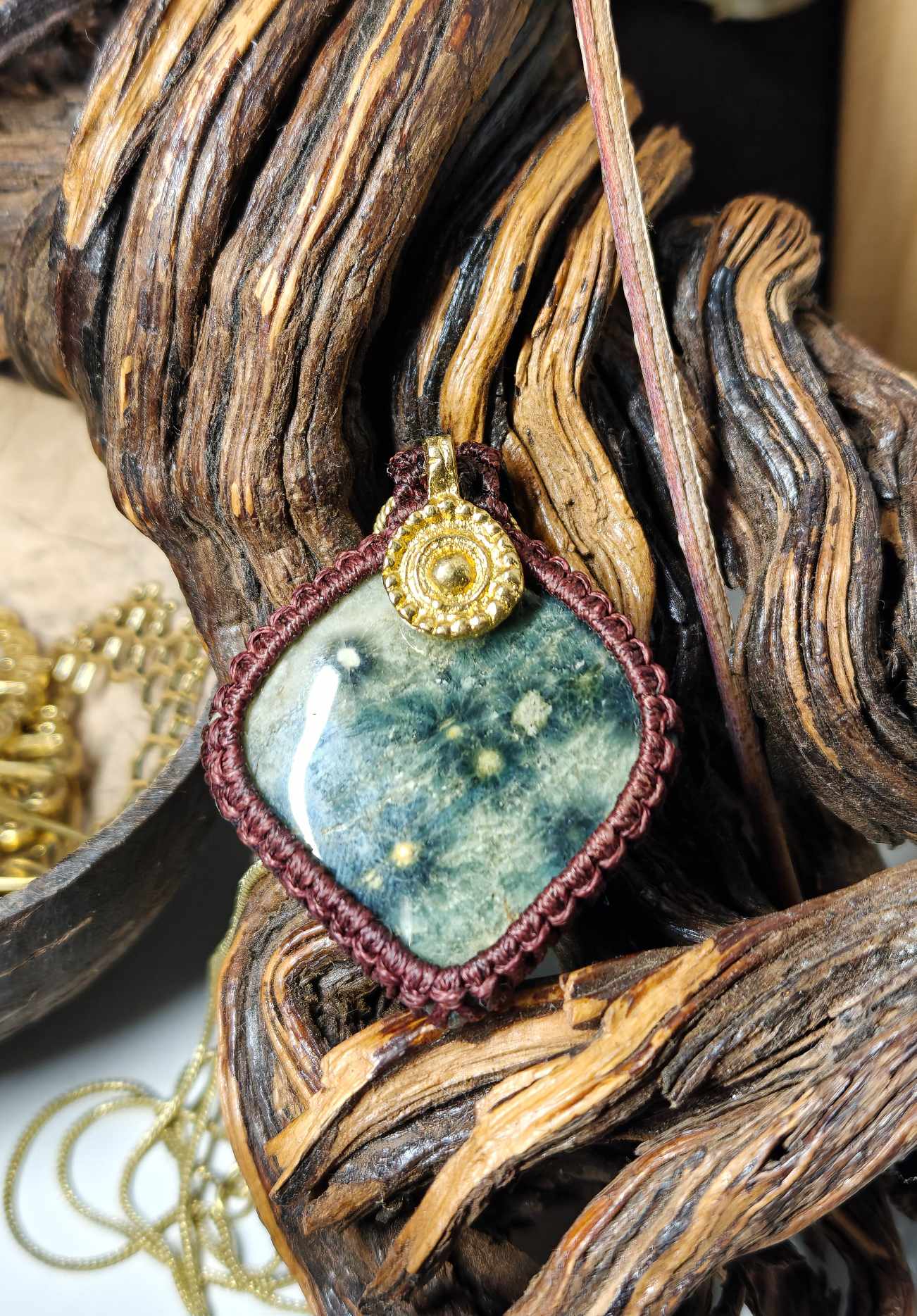 Ocean Jasper Pendant with Brass Chord
