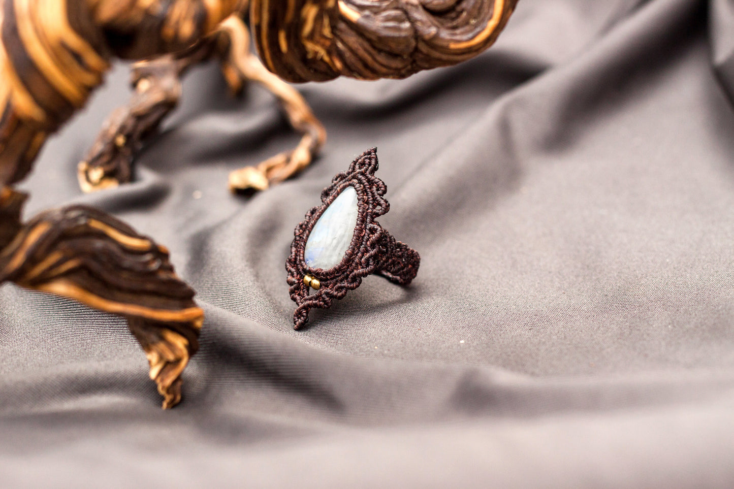 Nightshade Grove - Rainbow Moonstone Micromacrame Ring